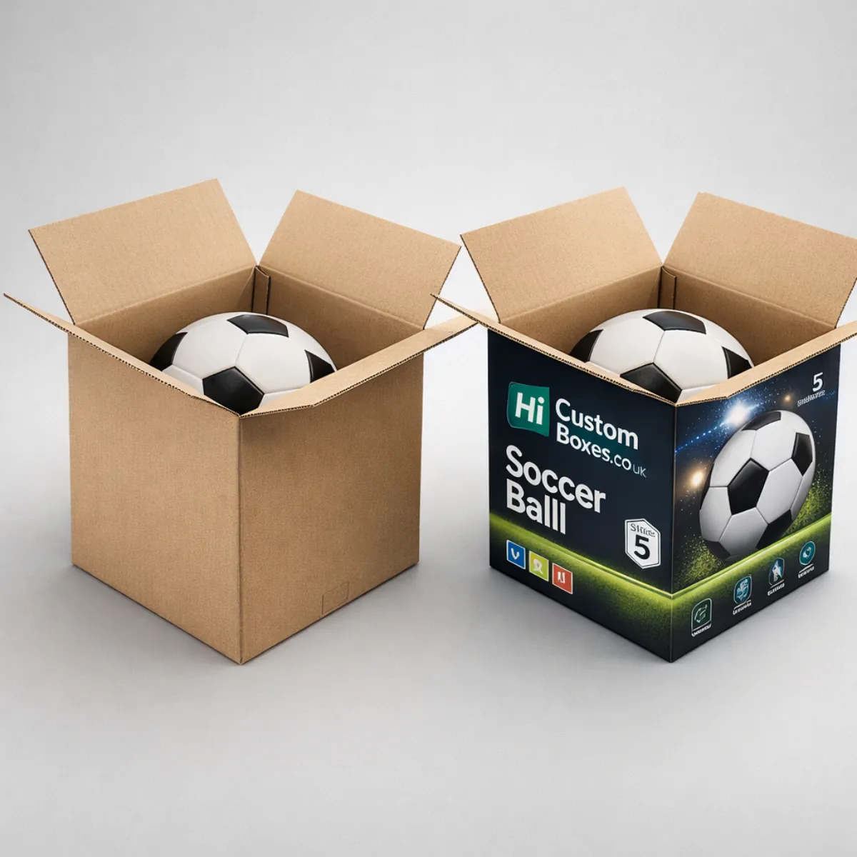 Two open square cardboard boxes, one plain brown and one printed with a football and stadium scene. class=